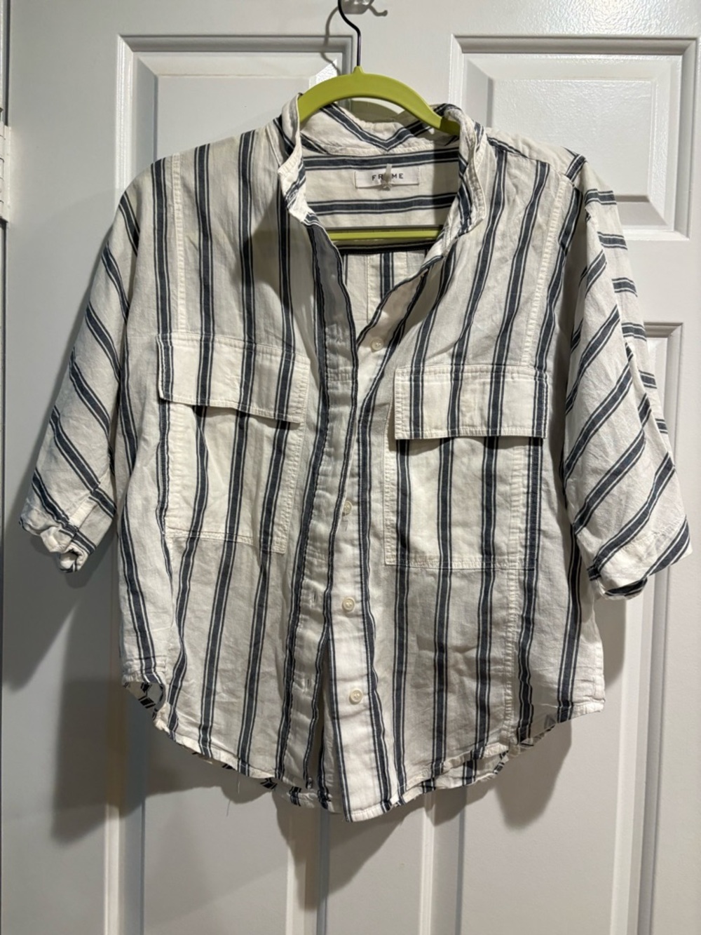 Frame Denim White and Navy Vertical Stripe Button-Down Shirt
